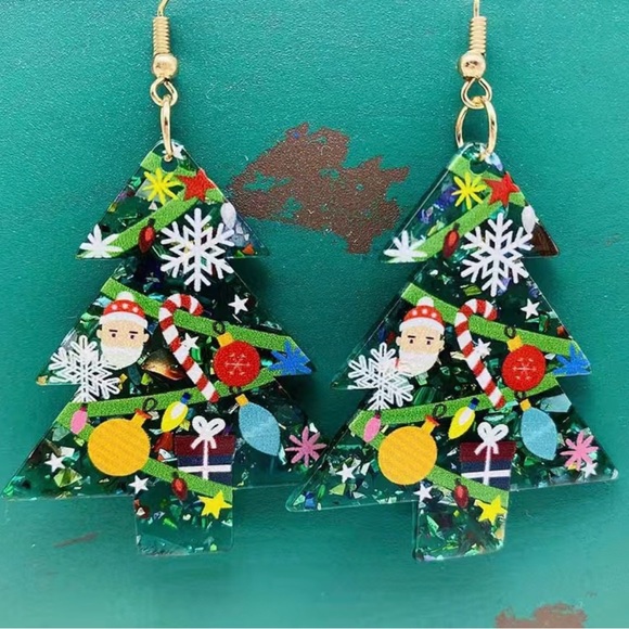 Jewelry - Acrylic Green Christmas Tree Earrings Ornaments Candy Cane Snowflake Santa